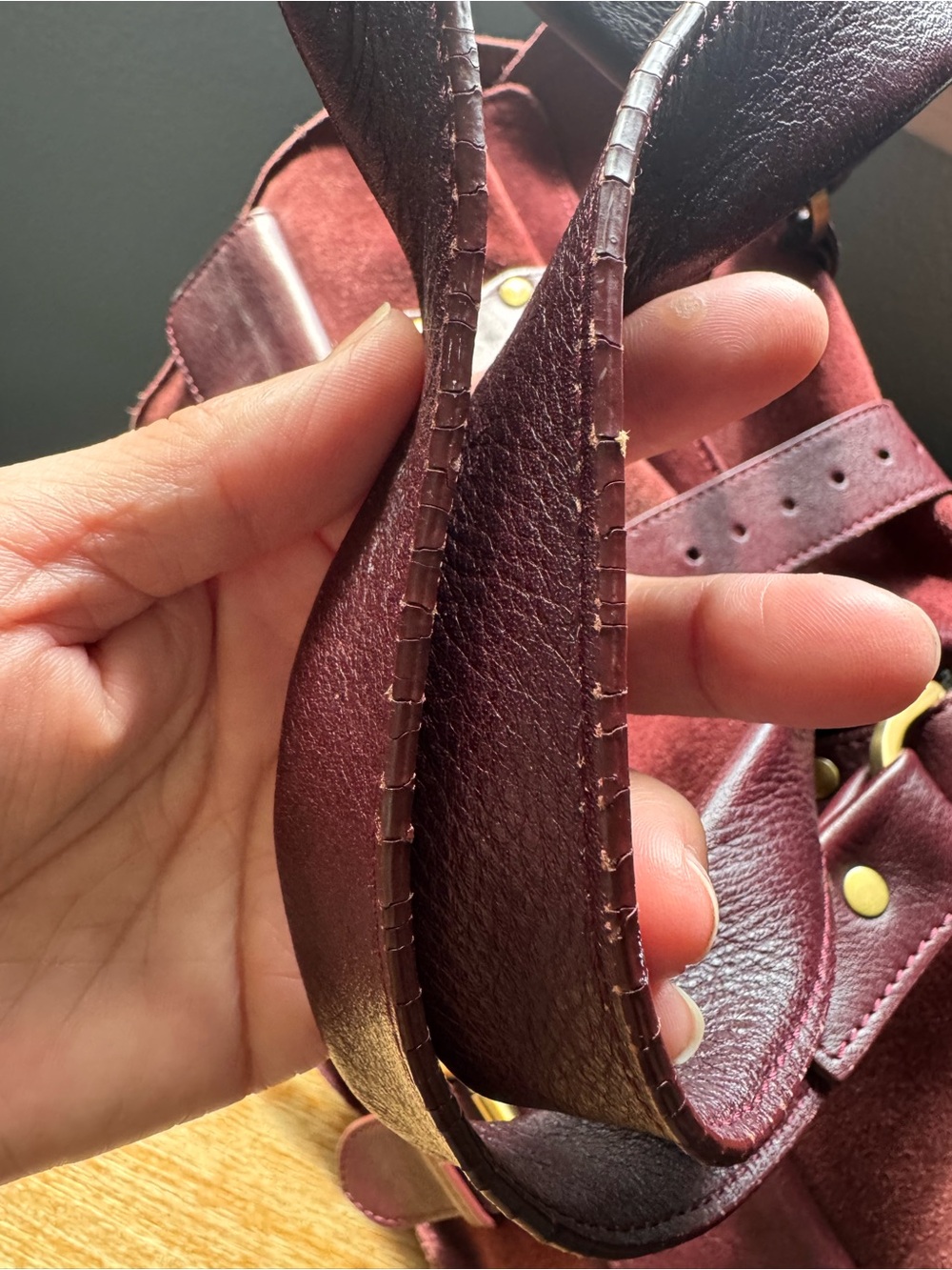 Burgundy Suede & Leather Satchel Tote with Gold Hardware - Picture 8 of 16